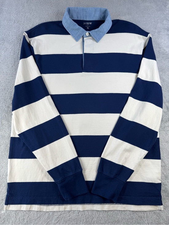 J. Crew Other - J.Crew Factory Mens L Rugby Shirt Navy Ivory Stripe Chambray Collar Preppy